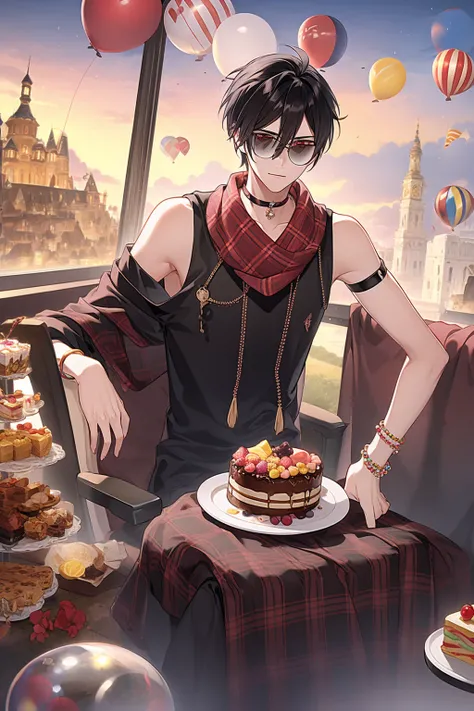 solo, looking at viewer, short hair, black hair, red eyes, 1boy, hair between eyes, jewelry, male focus, food, sleeveless, choker, hand up, necklace, scarf, bracelet, plaid, sash, tattoo, black choker, sunglasses, >_<, cake, beads, adjusting eyewear, arm t...