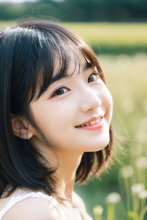 Beautiful woman in white camisole、Japanese Idol、20-year-old、85 mm、Close-up、Raw photo、A shy smile、Beautiful Eyes、Round eyes、Dating、look here、see-through bangs、Black Hair、short hair、field、Official Art、pure、Clear skin、Red cheeks、delicate