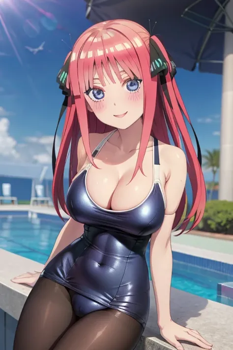 best quality, ultra-detailed masterpiece, anime art style, cute characters, nino nakano, one-piece swimsuit, large breasts, pantyhose, blush, smile