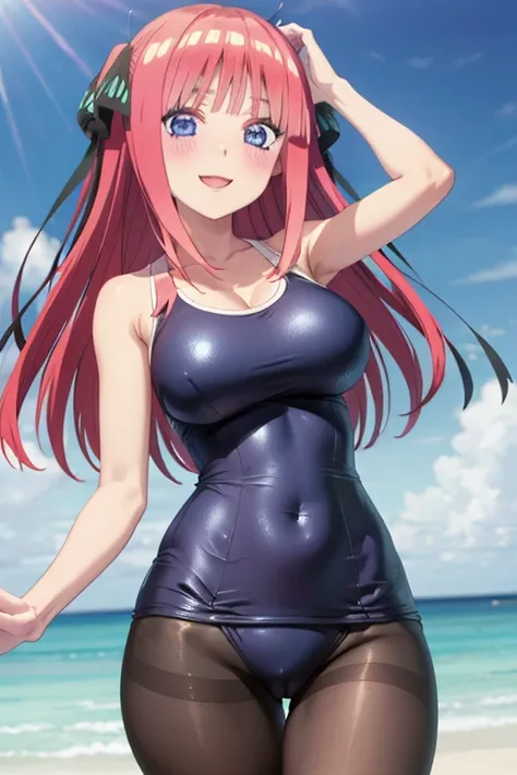 best quality, ultra-detailed masterpiece, anime art style, cute characters, nino nakano, one-piece swimsuit, large breasts, pantyhose, blush, smile