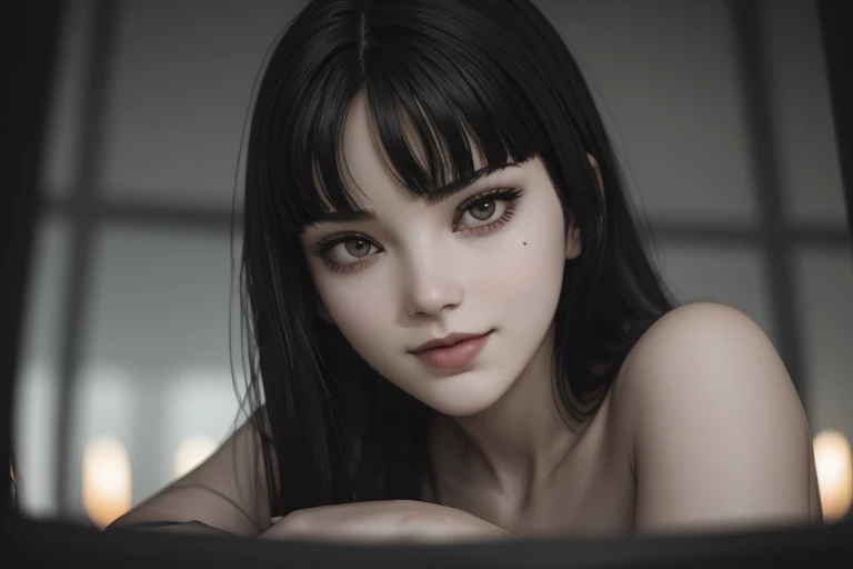 ultra realistic, 16k, high quality, one evil naked well lit girl, succubus aesthetic, dream aesthetic, long black hair, cute ban...