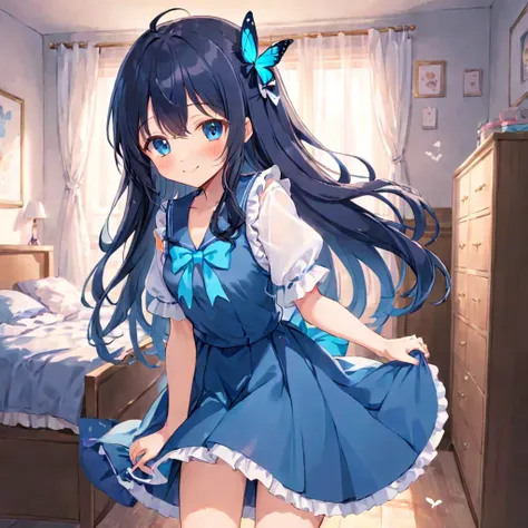 Anime ai is a short, cute, who has long hair down to her bottom and doesnt tie it, her hair is dark blue, she wears a blue dress with a little white on her clothes, her clothes and skirt are bright,Thin,Wearing a blue butterfly hair clip. was in his room s...