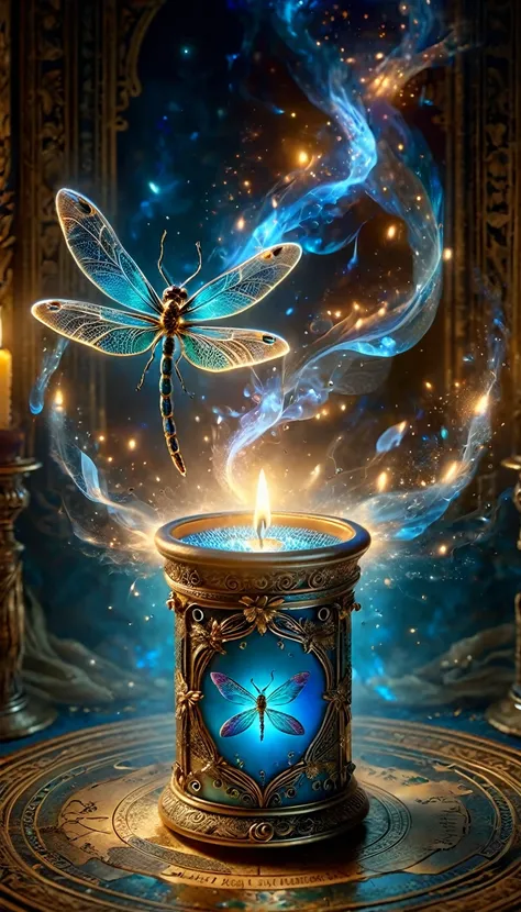 Made by AIS-RCN, 8k photo, "words, Like a dragonfly with wings of blue flame, Popping out of an antique candle, Turn thoughts into delicate works of art.", Supple, Side light, Dragonflies have two wings, one on each side、Fantastic colorful background