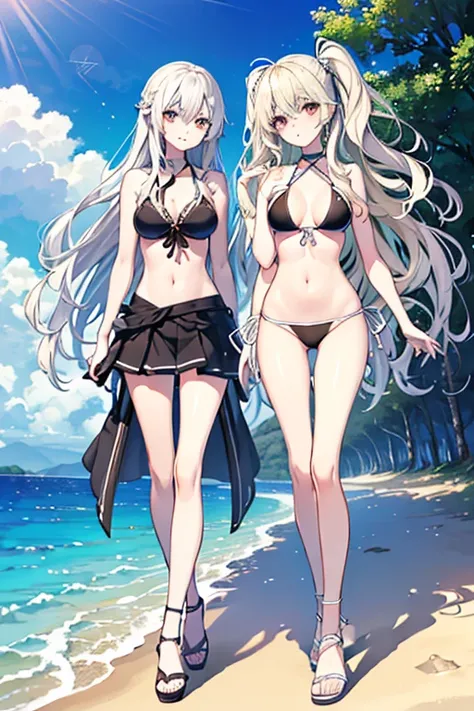 ((highest quality)), (Very detailedな), ((Very detailed)), (beautiful), ((pretty girl)),(Two Side Up Hair).,Platinum Blonde Hair,Long Hair, Hair between the eyes, Wavy Hair, Long sideburns,jade eyes, White skin,Normal breasts,slender body,cross halter bikin...