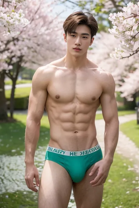 top quality,masterpiece,ultra high resolution,(realistic: 1.4),1 person,handsome young man, 20 years old, brown hair,,Pectoral muscles perfect,6-pack abs,thin waist,Slender figure, wearing only a micro thong, White skin stands under the cherry blossom tree...