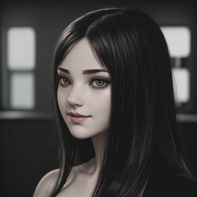 ultra realistic, 16k, high quality, one evil naked well lit girl, succubus aesthetic, dream aesthetic, long black hair, cute ban...