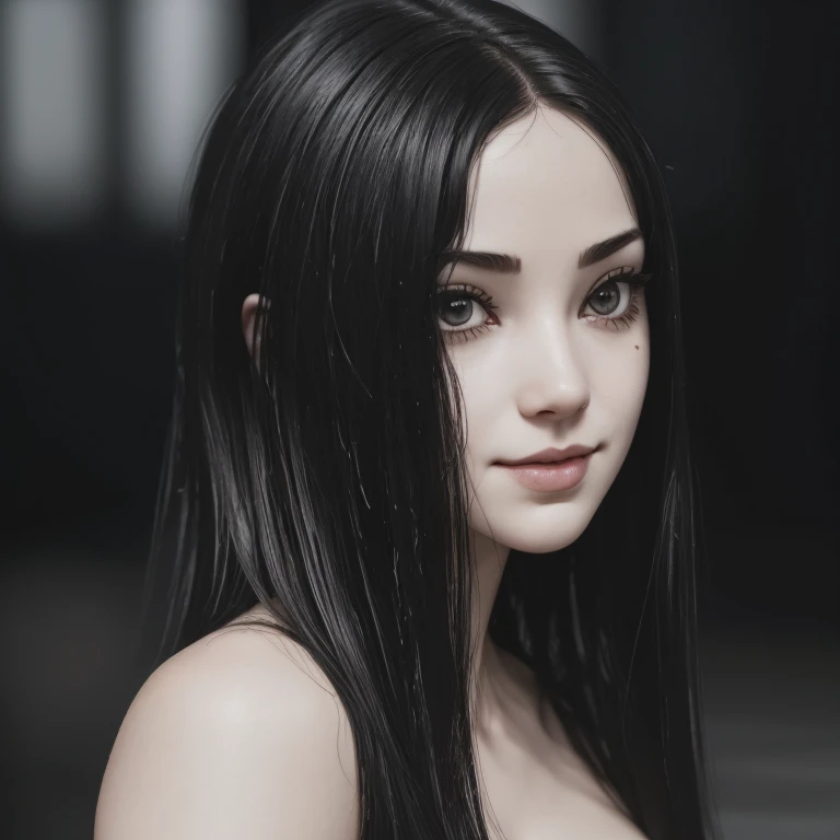 ultra realistic, 16k, high quality, one evil naked well lit girl, succubus aesthetic, dream aesthetic, long black hair, cute ban...