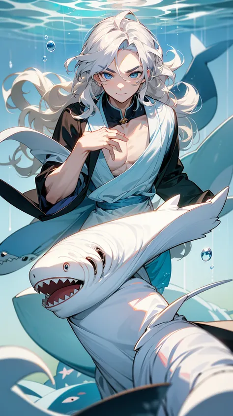 One charming anime good boy, boasting handsome blue eyes, neatly arranged eyebrows, and white, wavy hair. He flashes a captivating smile and gazes at us, his porcelain-like skin unmarred by imperfections. Surrounded by an entourage of adorable sharks and b...