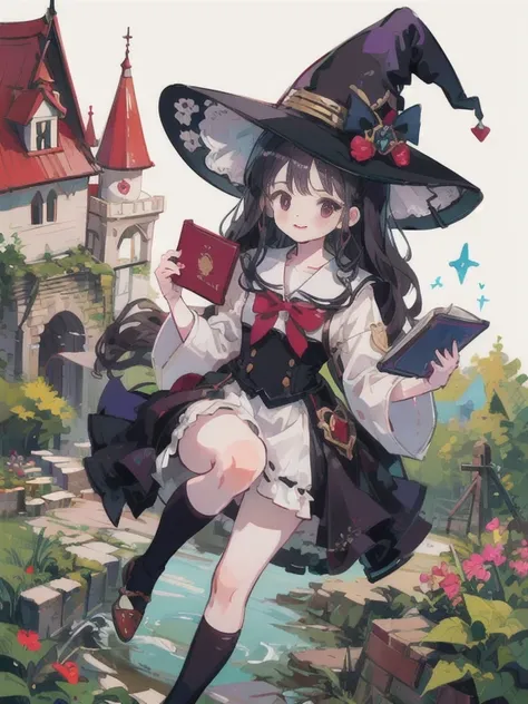 Witches school garden with tall tower。Close-up of the face of a sorceress about 18 years old.。smiling。Holding a book。Dark Burgundy Wavy Hair。Witch dress with beautiful ruffles and embellishments。The Big Witchs Hat。socks above the knee。Brick road leads to m...