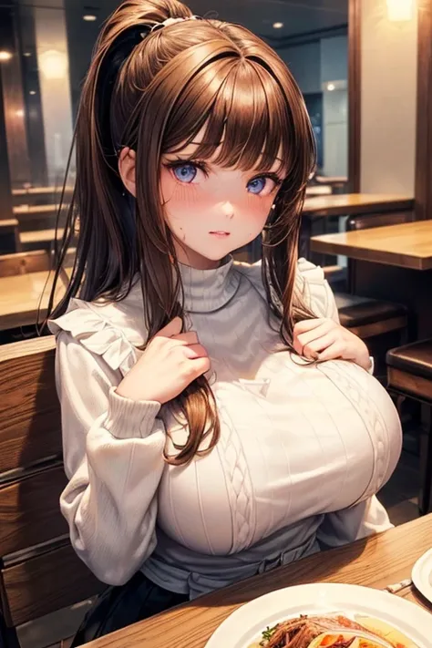 girl,teenager,(bitch:1.5),{(brown hair:1.2),(medium hair:1.5),(straight hair:1.5),swept bangs,ponytail},(huge breasts:1.3),{white knit,long sleeves,[frill]},(fine eyes and skin:1.4),(Detailed facial features:1.4),(Perfect Style),(Beautiful Face),sitting se...