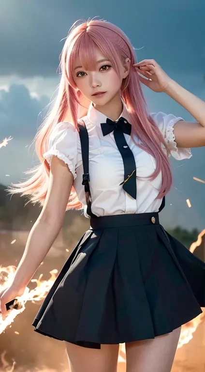 On the Stormy Battlefield, A woman wearing a Lolita costume wields a weapon imbued with the power of the element of fire..(( lightning danced next to her)), echoing the strength of her determination，Because she embodies the power of natural forces in battl...