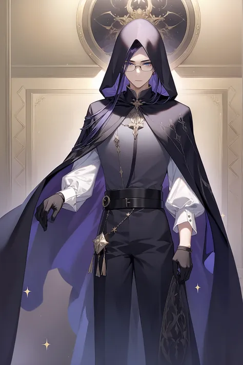 solo，Long hair，Looking at the audience，Bangs，blue eyes，shirt，Gloves，Long sleeve，1 boy，handheld，Jewelry，Standing，purple hair，Male focus，cowboy shoot，Glasses，黑色Gloves，belt，Pants，hood，cloak，character name，gem，cloak，黑belt，白Pants，diamond-shaped patterns，黑色cloak...