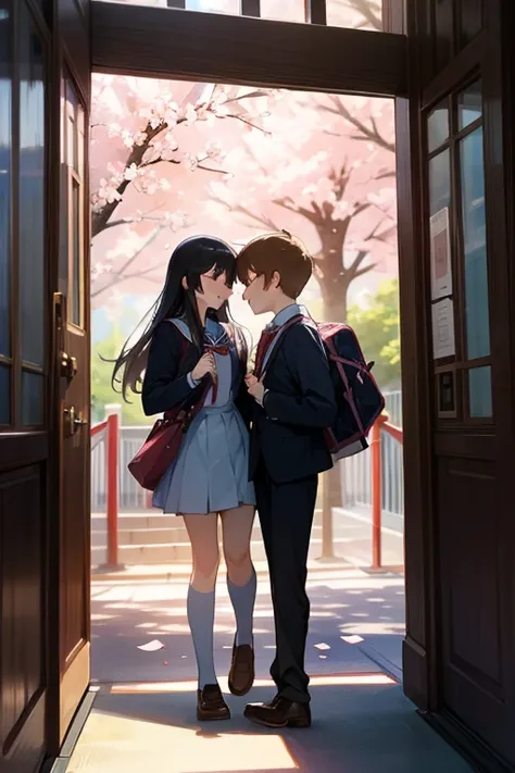 cherry blossoms、Entrance ceremony、Primary school students、yuri couple、Homosexuals、stick together、cute