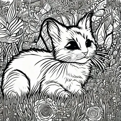 Generate an adorable, fluffy creature that would make a perfect coloring book character. This pet should have big, expressive eyes, a soft fur coat, and playful demeanor. It should look like a mix between a bunny and a kitten, with pastel colors and whimsi...