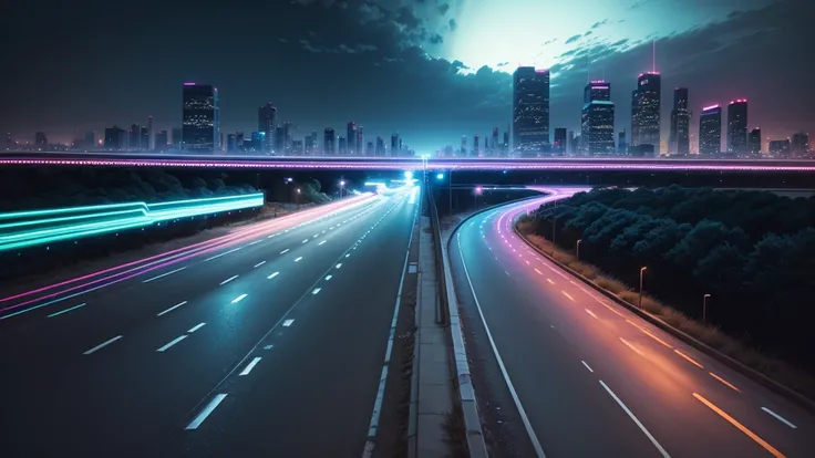 road (Neon lights in the big city) Driving in HDR 8k (Ultra-realistic)  ,the sky is wide