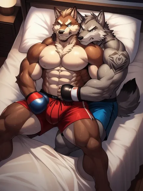 Duo male fighters(Gray Wolf vs Brown Wolf, handsomes, perfect eyes, Thick eyebrows), beso gay(Cuddling sit down, embraced from behind, in a bed match, back perspective), hot(Full body, shirtless), handsomes(They are handsomes, correct anatomy), musculosos(...