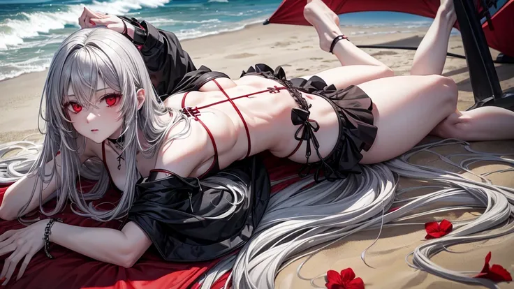 Long gray hair,blood red eyes,Necklace with cross,Wearing a black and white goth bikini,beach,beach球,Woman on top position