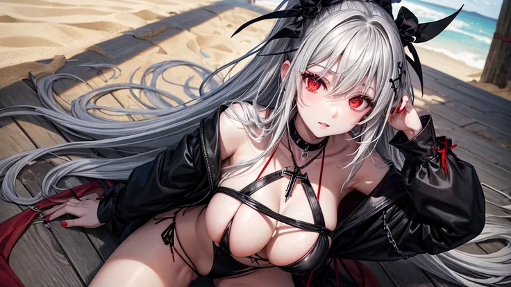 Long gray hair,blood red eyes,Necklace with cross,Wearing a black and white goth bikini,beach,beach球,Woman on top position