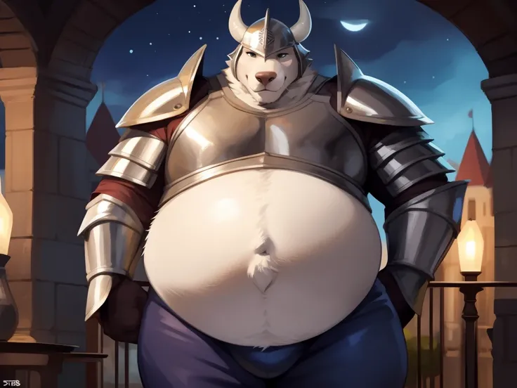 4k ultra quality, 4k full body view,ultra high detailed body, male, knight,helmet,The face is covered by a knights helmet, detailed body, detailed belly, white belly fur, big bull, wide chubby face, overweight male, chubby belly, big belly, ((round belly))...