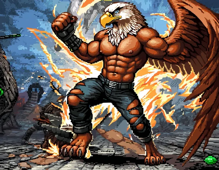  game screenshot, ((solo)), anthro male eagle, expressive, dynamic, good anatomy, attractive, Abs, pecs, sprite art, fighting pose, torn clothes, badass, feet, nipples, 