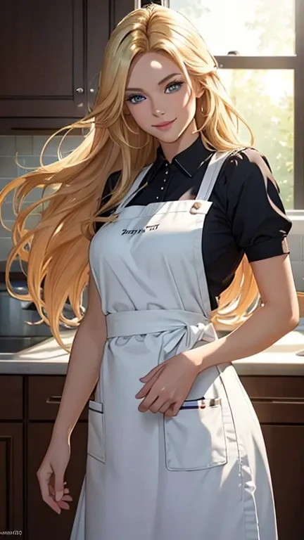 (best quality,ultra-detailed,photo-realistic:1.37),bright and vibrant colors,studio lighting,playful expression,stylish makeup,long blonde hair flowing in the wind,alluring eyes,glossy lips,sexy pose,Apron, kitchen, smiling in a confident and seductive way...