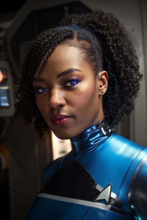 Black woman wearing blue sttldunf uniform,veins,borg,eyepatch,cable,luma,rosalina,detailed face,detailed eyes,detailed lips,metal texture,sci-fi,glowing lights
jamesdaly artstyle,