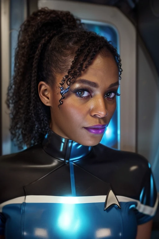 black woman wearing blue sttldunf uniform,veins,borg,eyepatch,cable,luma,rosalina,detailed face,detailed eyes,detailed lips,meta...