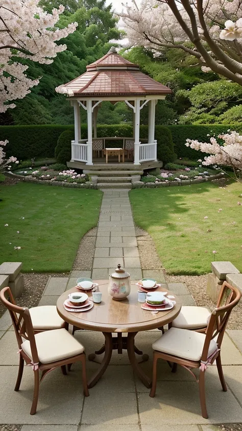 Cherry blossom garden, In the garden there is a gazebo, in the gazebo ,there is a cup of tea on the table, bowl of cookies