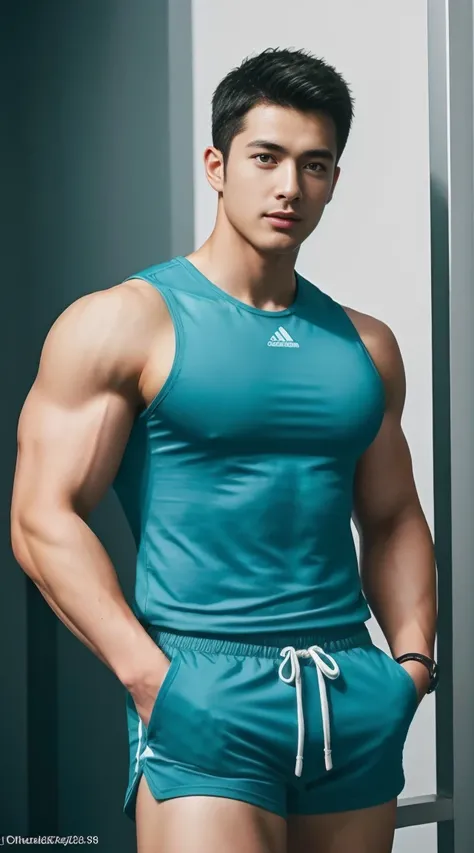 Firefighter in his 20s，Full chest muscles，Has short black hair， blue eyes，Sexy and charming expression，Wear green training clothes、Blue shorts, High resolution, masterpiece, Best quality, head:1.3,((Hasselblad photos)), Delicate skin, Be focused, (Movie Li...