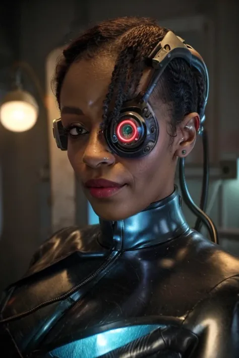 black woman wearing blue sttldunf uniform,veins,borg,eyepatch,cable,luma,rosalina,detailed face,detailed eyes,detailed lips,meta...