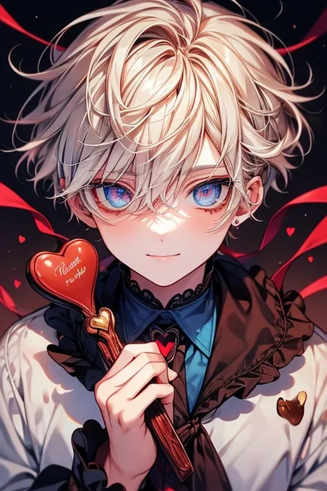 (Pieces fly), (highest quality), Very detailed, two boys, Perfect Face, Beautiful Face, Very detailed顔，(Boy with brown hair_Red eyes:1.3)，(white haired boy_blue eyes:1.3)，milk chocolate，White chocolate，Valentine，ribbon，race，Frills，heart，Light，smile，Long ey...