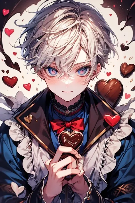 (Pieces fly), (highest quality), Very detailed, two boys, Perfect Face, Beautiful Face, Very detailed顔，(Boy with brown hair_Red eyes:1.3)，(white haired boy_blue eyes:1.3)，milk chocolate，White chocolate，Valentine，ribbon，race，Frills，heart，Light，smile，Long ey...