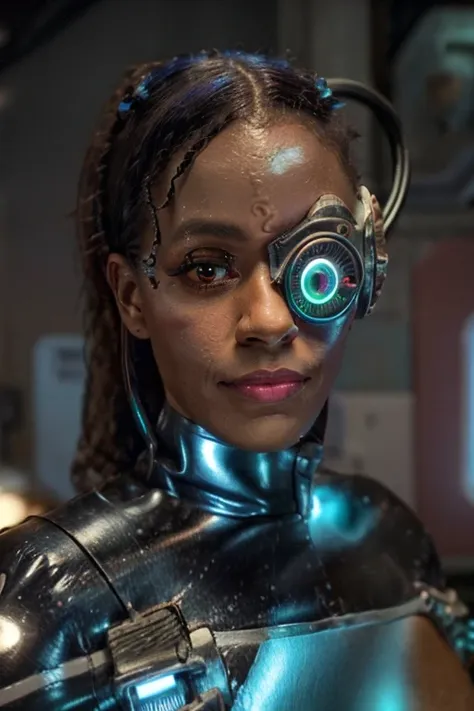 black woman wearing blue sttldunf uniform,veins,borg,eyepatch,cable,luma,rosalina,detailed face,detailed eyes,detailed lips,meta...