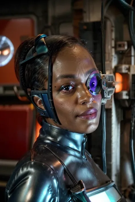 Black woman wearing blue sttldunf uniform,veins,borg,eyepatch,cable,luma,rosalina,detailed face,detailed eyes,detailed lips,metal texture,sci-fi,glowing lights
jamesdaly artstyle,