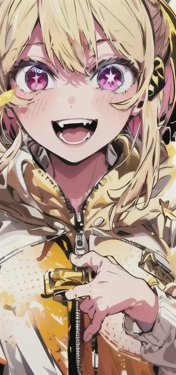 highest quality, masterpiece, original character , one girl, (Crazy Smile:1.2) , Blonde , Bans , Crazy Eyes , Put your hands on your face , The upper body is shown., ((Wearing a white hoodie)), (((I can see your chest))), Yellow blood splatters on the face...