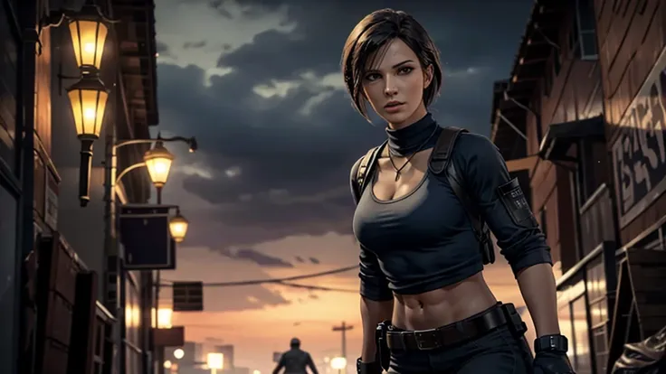 8k, melhor qualidade, jill valentine with strong abs top blouse with holsters, roupa rasgada, uma arma andando em um beco de noite, cloudy sky, with zombies behind her 