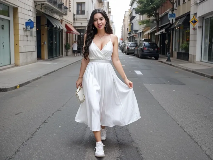 A beautiful woman, Long hair, black curly hair, Long skirt, Elegant white dress, No cleavage, Earrings not included, white sneakers, The future of the charming smiling city。1920*1080