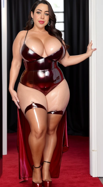 Red Carpet Award Show, Axtra Pose, Full View, Full Body, Head to Toe, Day, Daylight, Full Body of Wet Mature Old Aged Stunning Elder Aubrey Plaza in Red Lipstick, Wearing Wet Tight Slim Deep Chocolate Brown Ultra Glossy Shiny Metallic Vampire Latex Mermaid...