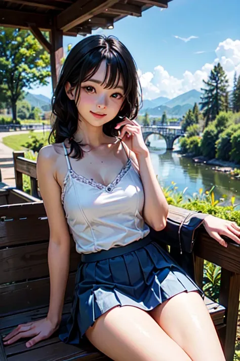 very cute and beautiful girl,(Highly detailed beautiful faces), White Camisole,sitting,spread legs,(White) rest (Smile:1.2),happy,looking at the audience,(Blue pleated mini skirt:1.2), rural area,narrow riverside,bridge,trees,summer,detailed landscape,blac...