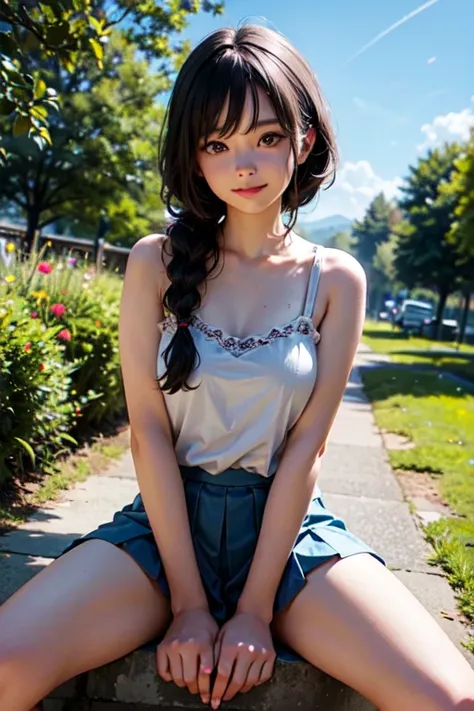 very cute and beautiful girl,(Highly detailed beautiful faces), White Camisole,sitting,spread legs,(White) rest (Smile:1.2),happy,looking at the audience,(Blue pleated mini skirt:1.2), rural area,narrow riverside,bridge,trees,summer,detailed landscape,blac...