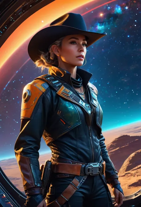 Bounty Hunter Cowboy on a Spaceship，Space Black，(Cowboy hat)，Futuristic Western，Dynamic Lighting，Starry Sky，Inside the spaceship，cybernetic enhancement，Unique character design，Signature hairstyles，cowboy clothes，broken landscape，Vibrant colors，High octane ...