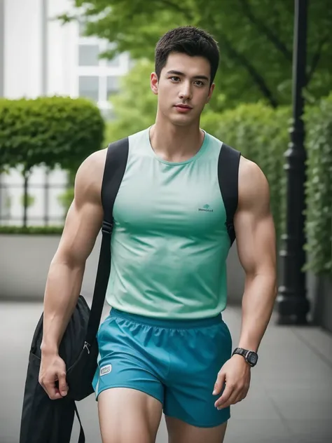 Firefighter in his 20s，Full chest muscles，Has short black hair， blue eyes，Sexy and charming expression，Wear green training clothes、Blue shorts, Big bag highlights，High resolution, masterpiece, Best quality, head:1.3,((Hasselblad photos)), Delicate skin, Be...