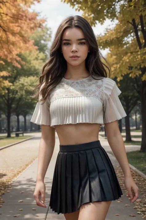 photo of beautiful Hailee Steinfeld, (((walking in a park in fall))), modelshoot style, (extremely detailed CG unity 8k wallpaper), photo of the most beautiful artwork in the world, professional majestic (photography by Steve McCurry), 8k uhd, dslr, soft l...