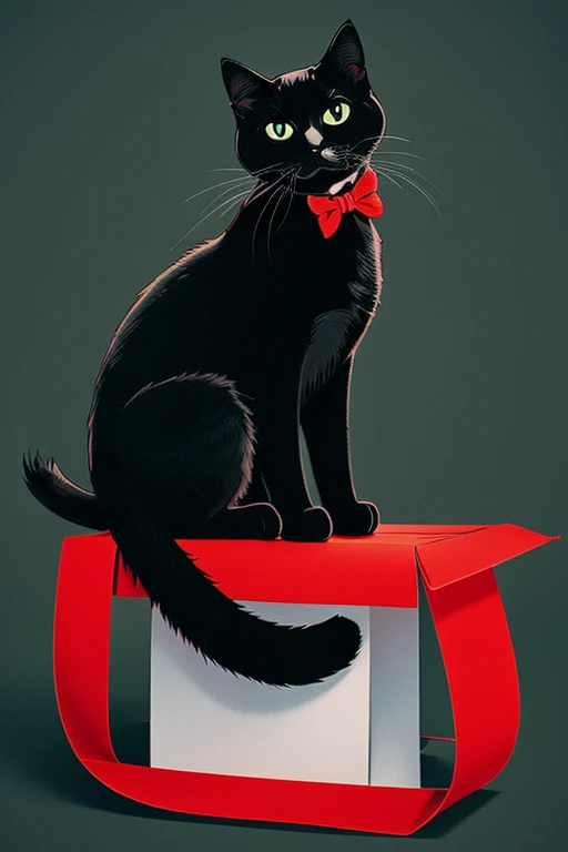 Illustration of a black cat with a red ribbon around its neck