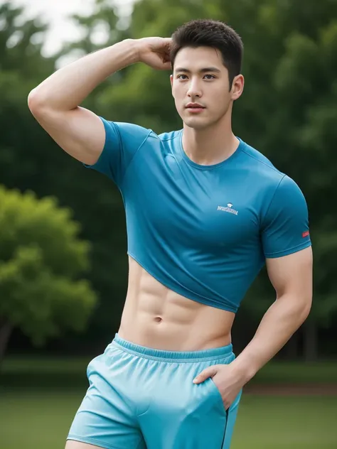 Firefighter in his 20s，Full chest muscles，Has short black hair， blue eyes，Sexy and charming expression，Wear green training clothes、Blue shorts, Crotch bulge，high resolution, masterpiece, best quality, head:1.3,((Hasselblad photos)), delicate skin, Stay foc...