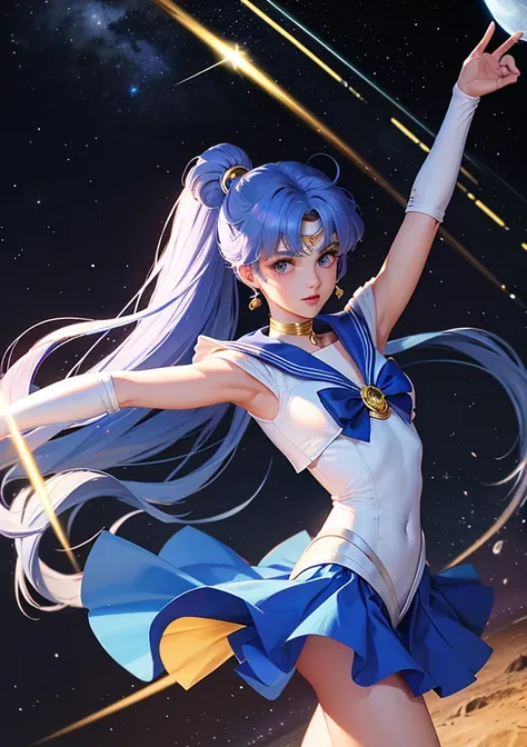 Sailor moon danced with a blue warrior man in space with a white moon.