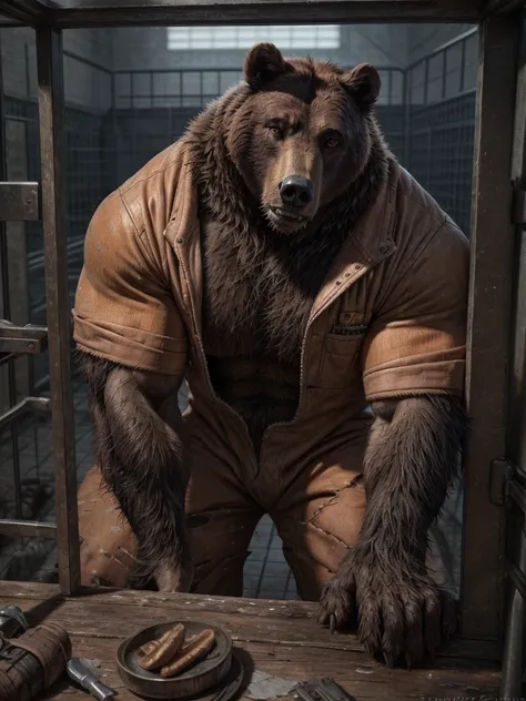 prison setting, prison cell, bear, equine, orange clothing, prison jumpsuit, flex, muscular, barazoku, evil grin, torn clothing,...