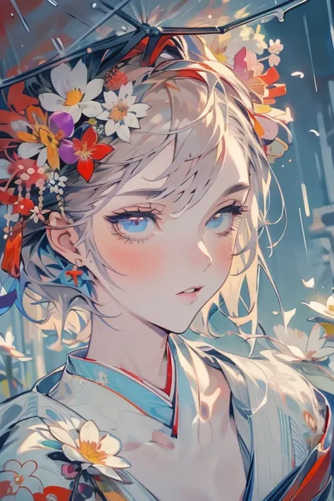 Masterpiece,Detailed face,Beautiful Face,A profusion of flowers,Flowers falling,Alluring,sex appeal,Half naked,Japanese style,Beauty,rain