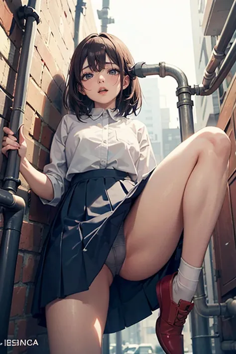 drooping eyes, ecstasy, sleepy face, (((hit her crotch against the pipe))), (((hide crotch with a long skirt))), open legs, orgasm, outside,