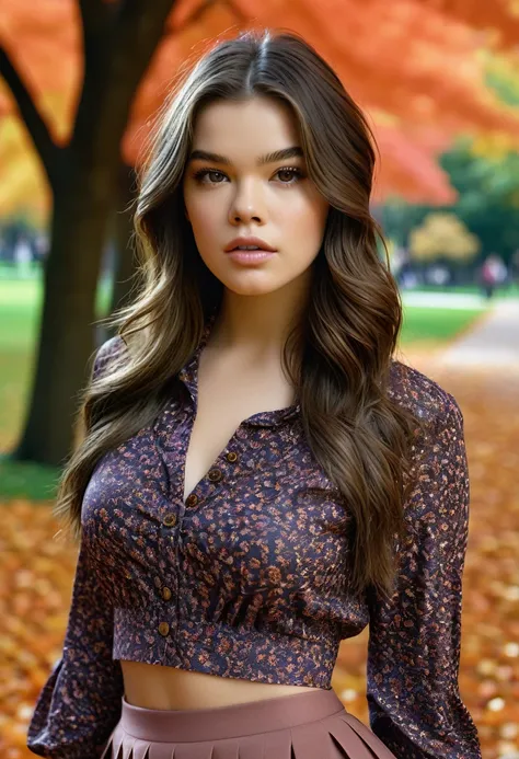 photo of beautiful Hailee Steinfeld, (((walking in a park in fall))), modelshoot style, (extremely detailed CG unity 8k wallpaper), photo of the most beautiful artwork in the world, professional majestic (photography by Steve McCurry), 8k uhd, dslr, soft l...